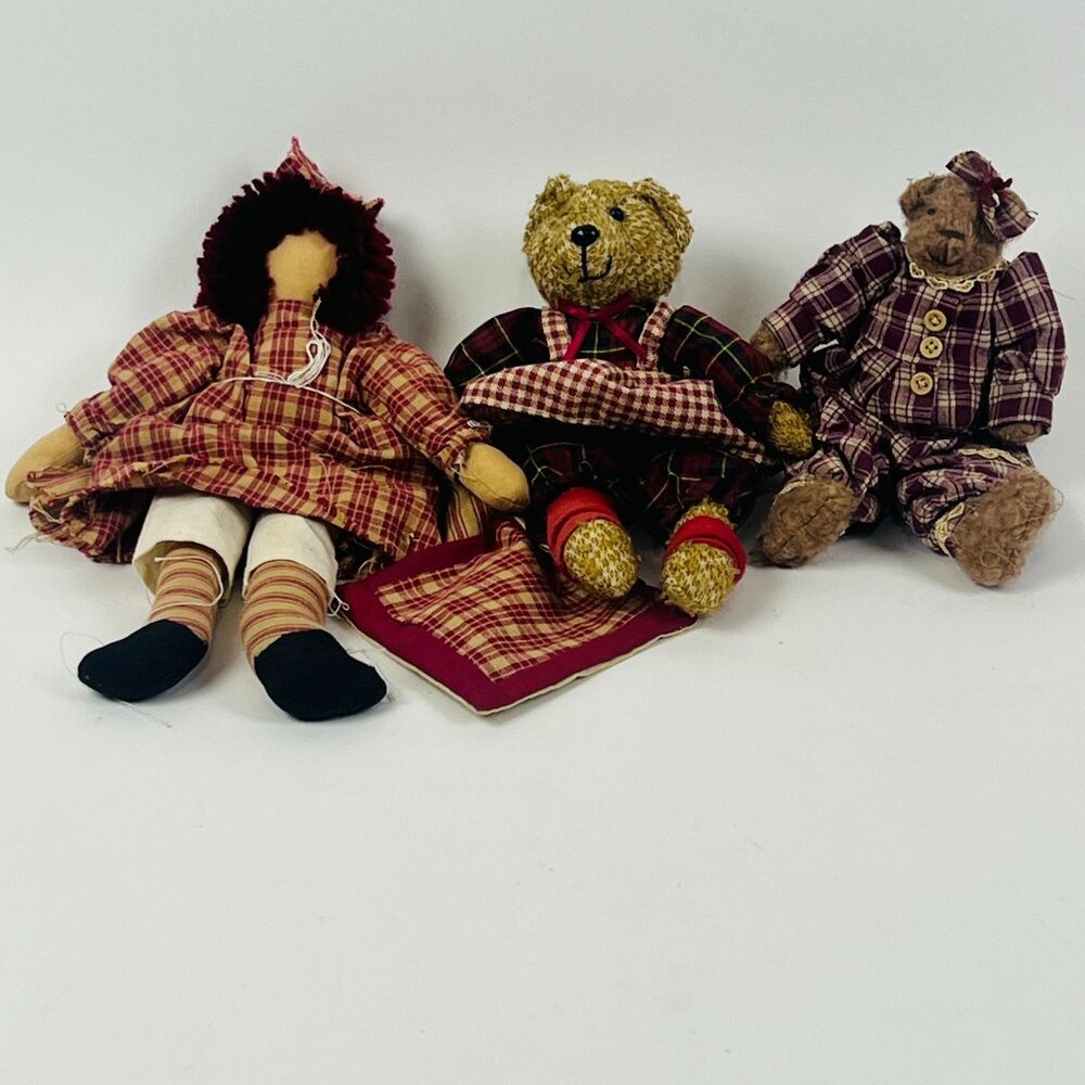 Vintage Rag Doll & Teddy Bear Collectors Set Plaid Outfits Rustic style Soft Rag